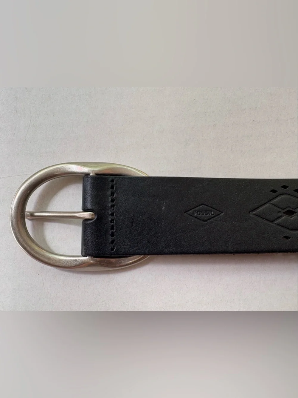 Fossil Black Leather Belt - Boho Perforated Geometric Design - Size M  Y2K
